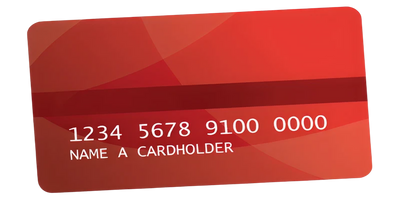 Red credit card graphic with white number and cardholder name displayed on a smooth, abstract background design.
