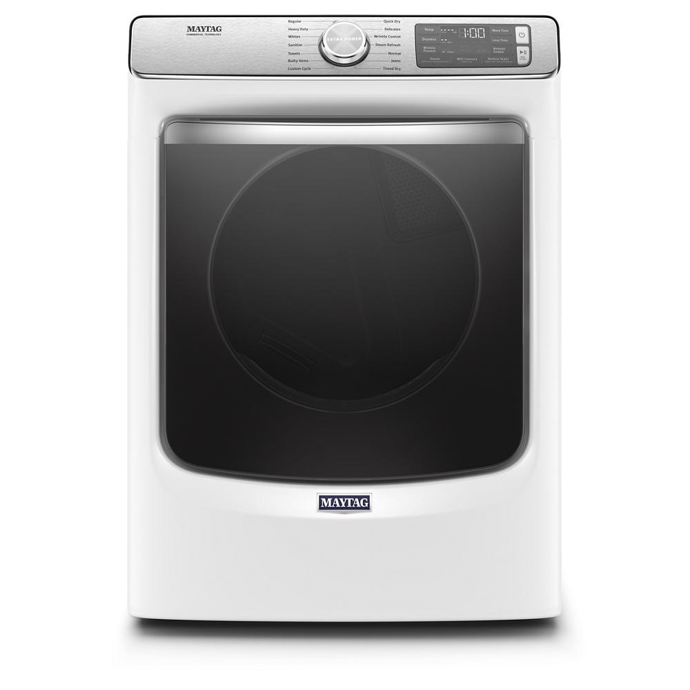 White front load electric dryer with large black tinted door and digital control panel for home appliances use