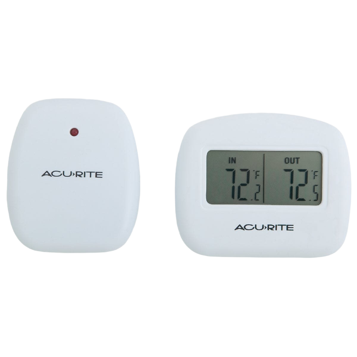 White compact digital thermometer sensor and display showing indoor and outdoor temperatures for home use