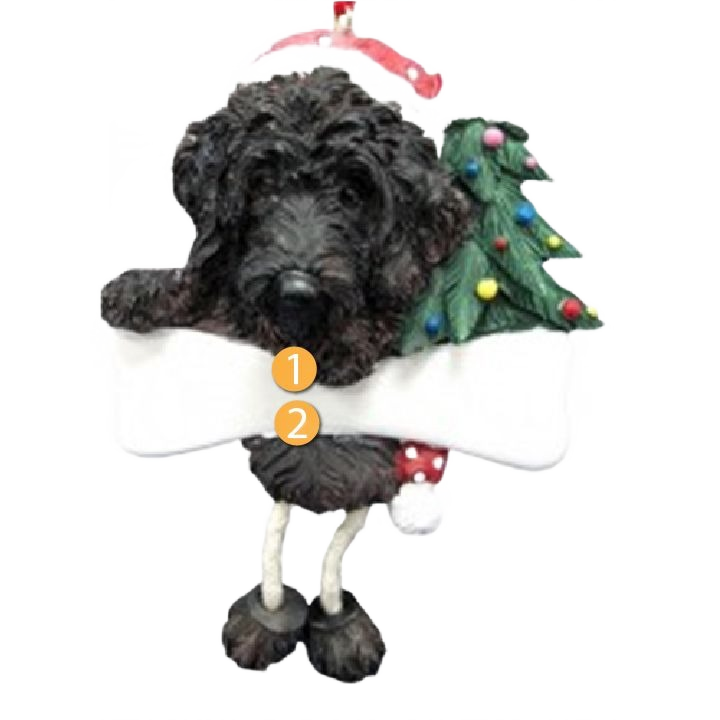 Dark brown Labradoodle dog ornament holding a decorated Christmas tree in holiday decorations collection