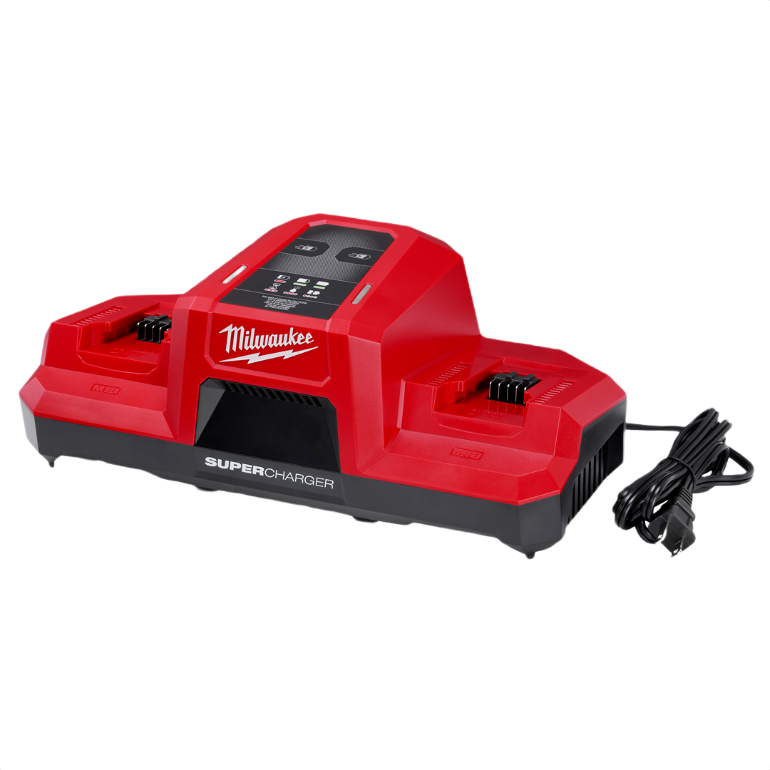 Red and black dual bay battery charger with digital display and attached power cord for tools and home improvement use