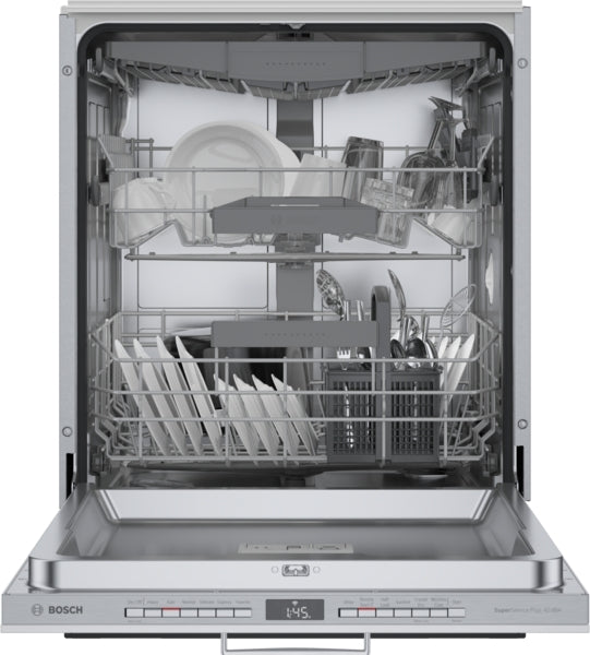 Open stainless steel dishwasher loaded with plates, glasses, and utensils from Bosch dishwashers collection