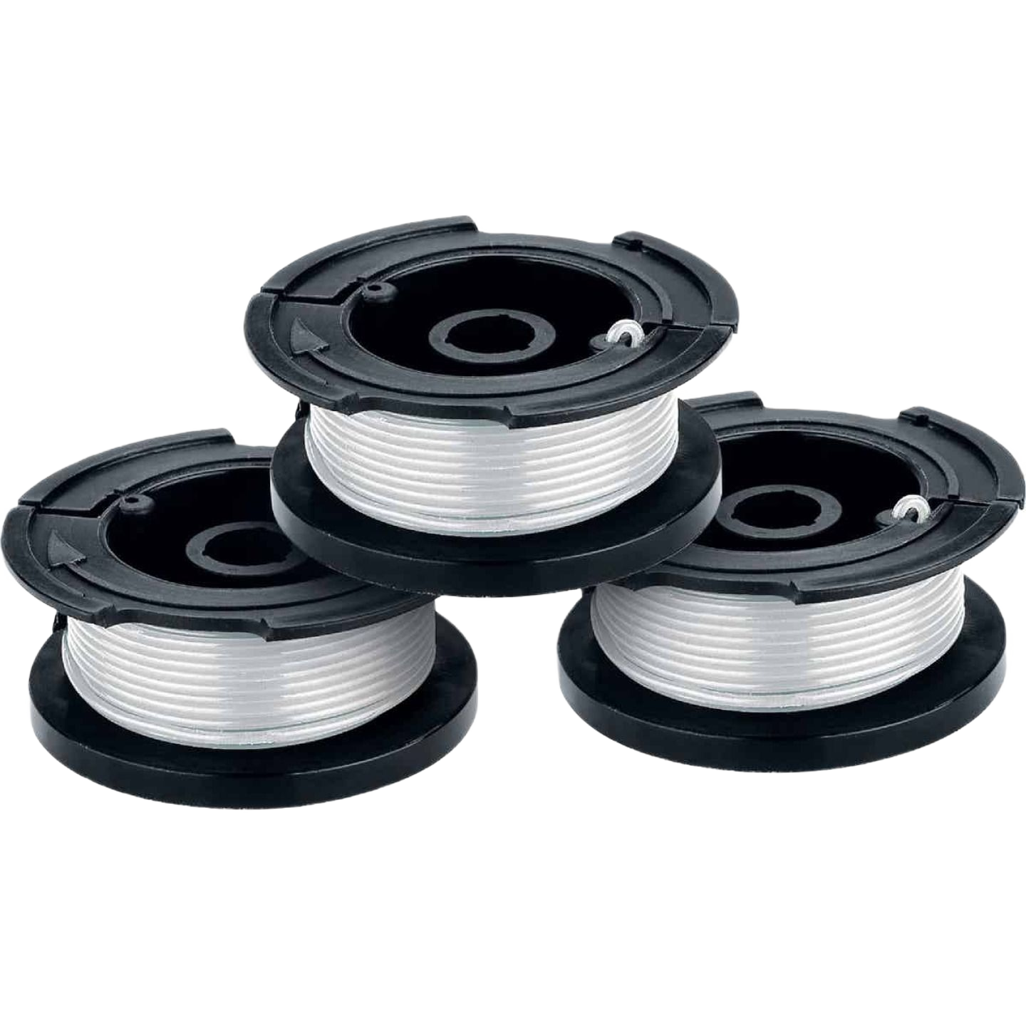 Three black spools wound with white replacement trimmer line for home improvement and outdoor tools under $50.