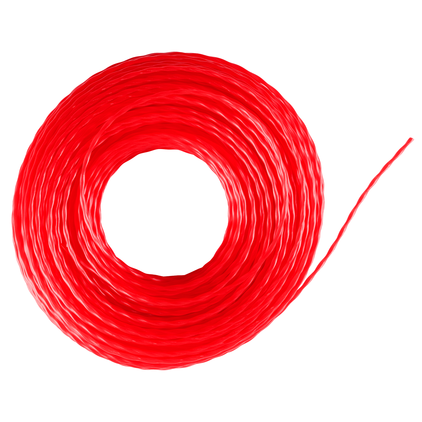 Bright red twisted trimmer line coil designed for outdoor trimming in tools and home improvement projects