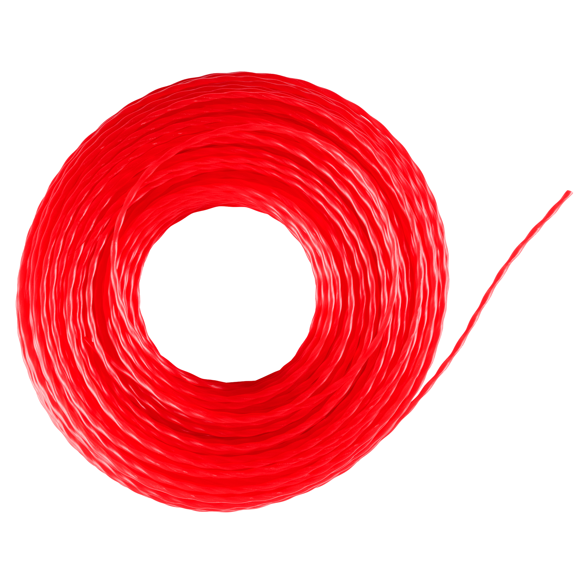 Bright red twisted trimmer line coil designed for outdoor trimming in tools and home improvement projects