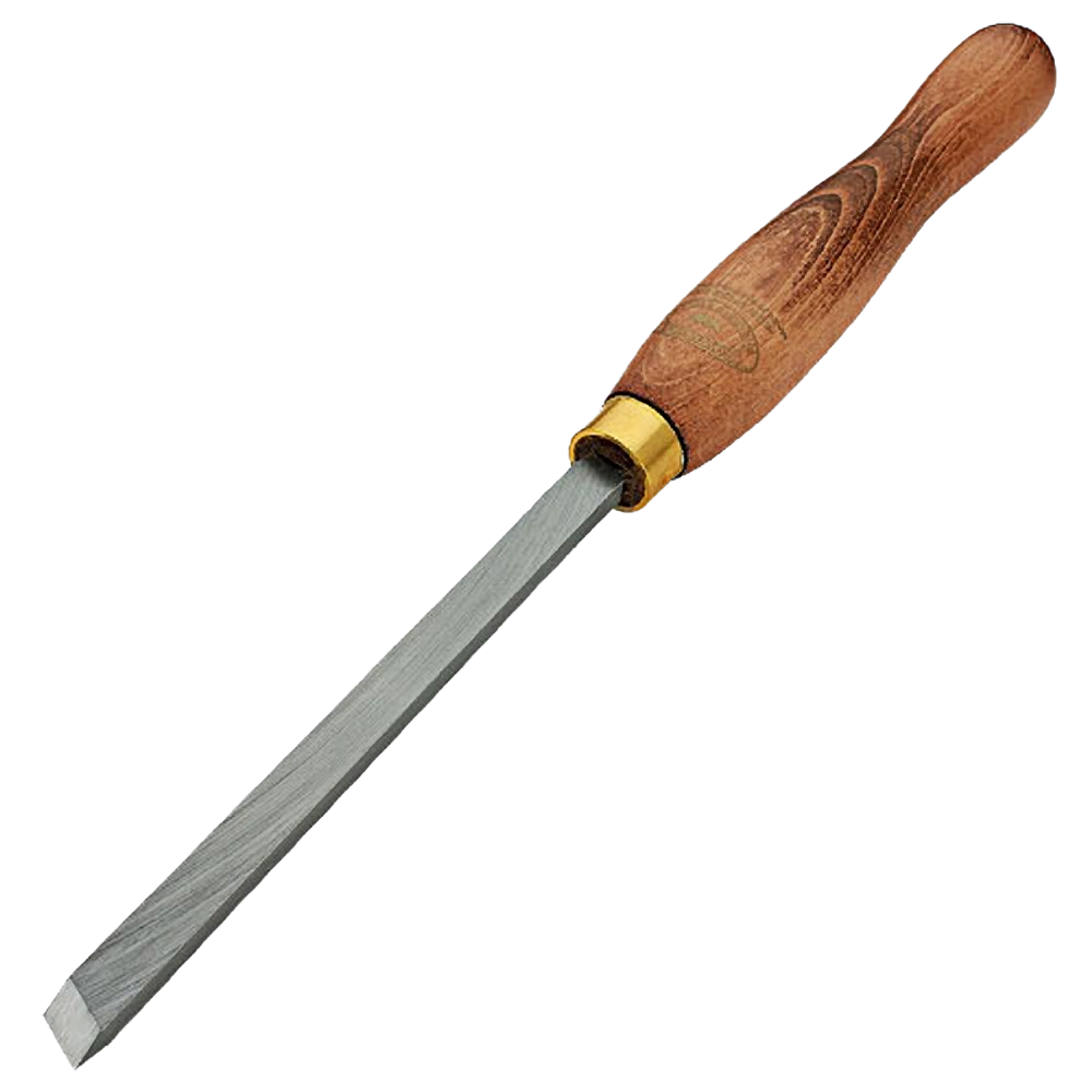 Skew chisel with polished wood handle and hardened steel blade for woodworking and home improvement tasks