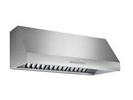 Stainless steel wall mounted range hood with vent slats and sleek angular design in kitchen appliances collection