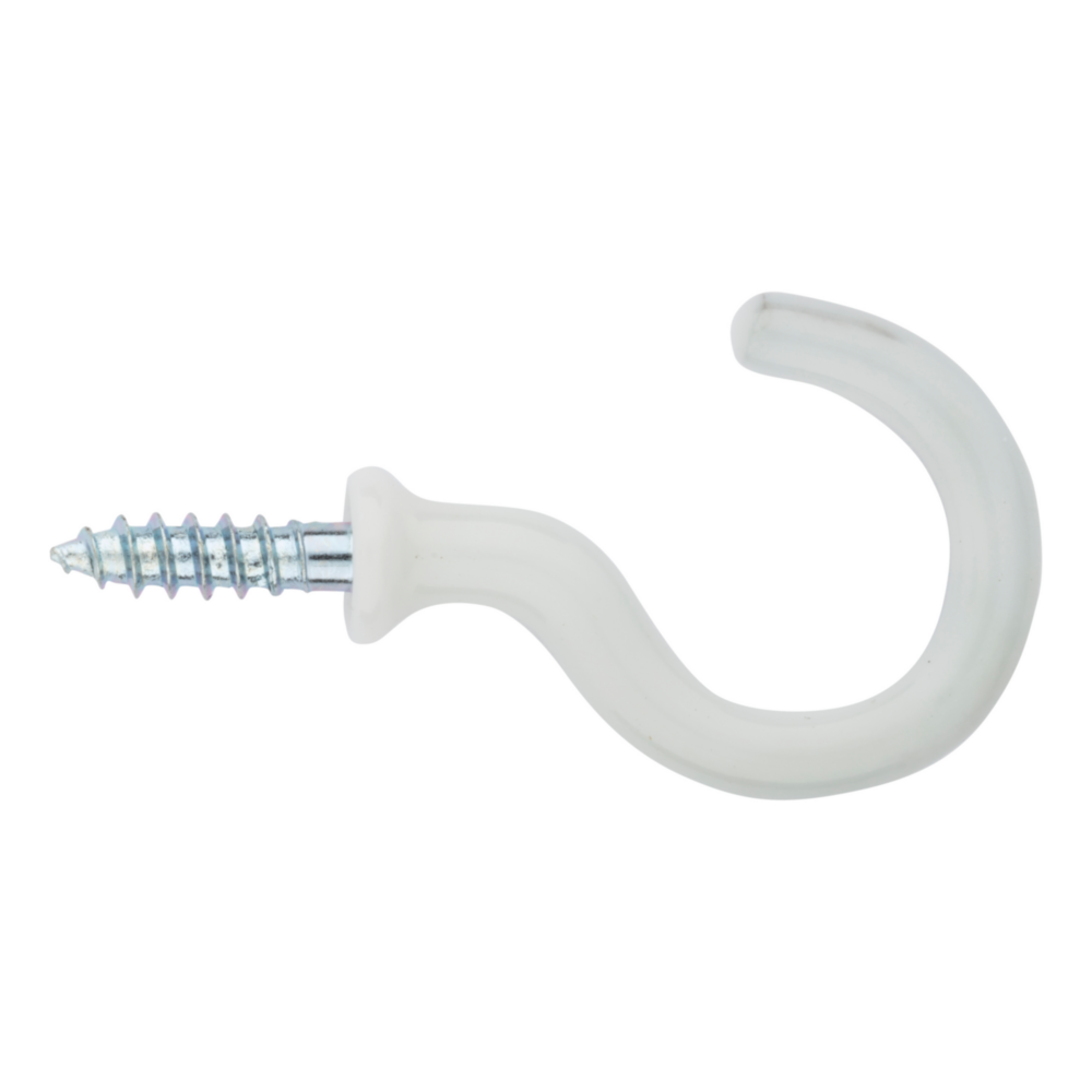 White vinyl-coated cup hook with sharp screw point for wood fastening in home improvement and hardware projects under $50