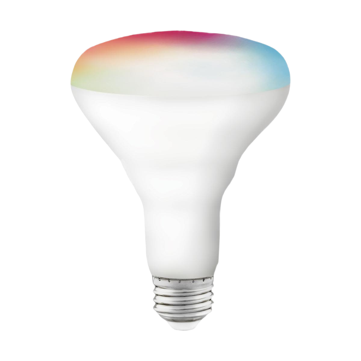 White BR30 LED smart light bulb with multicolor top, compatible with Wi-Fi for customizable home lighting solutions