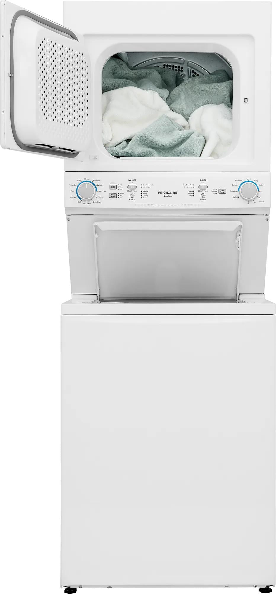 White electric stacked laundry center with open dryer door showing mixed towels inside, featuring control dials on panel, part of appliance laundry centers at Hartville Hardware.