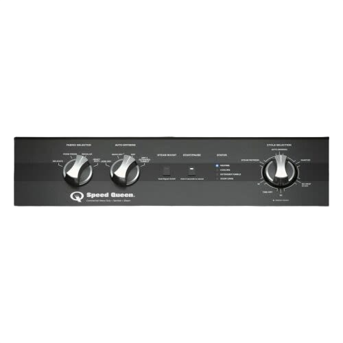 Black control panel for laundry with fabric selector, cycle options, and steam boost features for home use