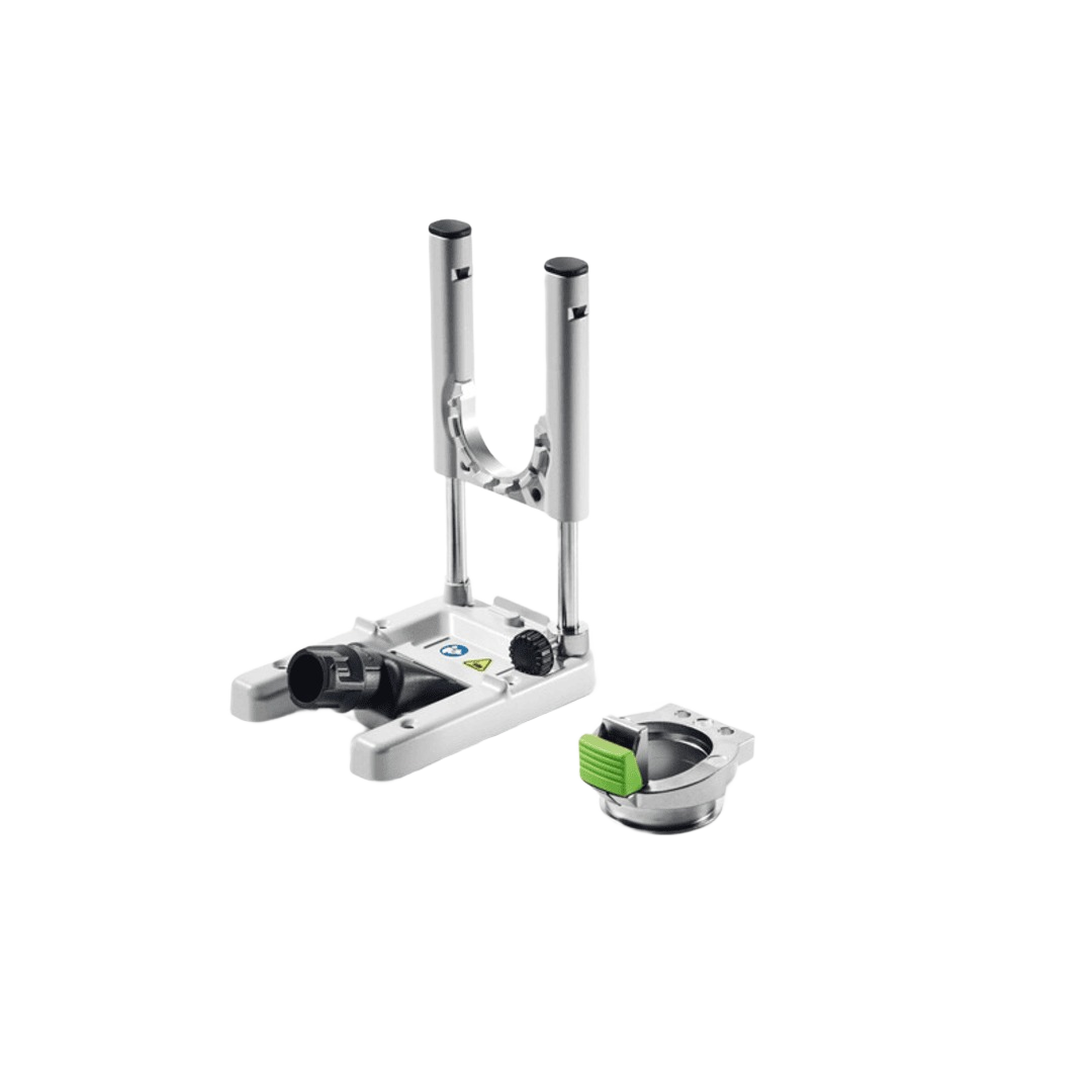 Silver plunge base accessory with depth stop for precision cuts, used with oscillating woodworking power tools