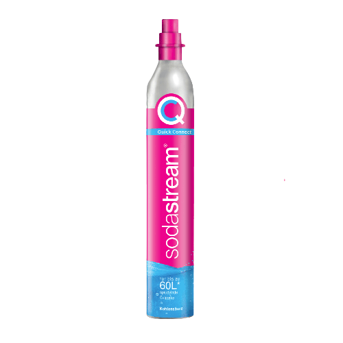 Slim aluminum carbon dioxide cylinder with pink and blue label for quick connect soda carbonation in kitchen appliances