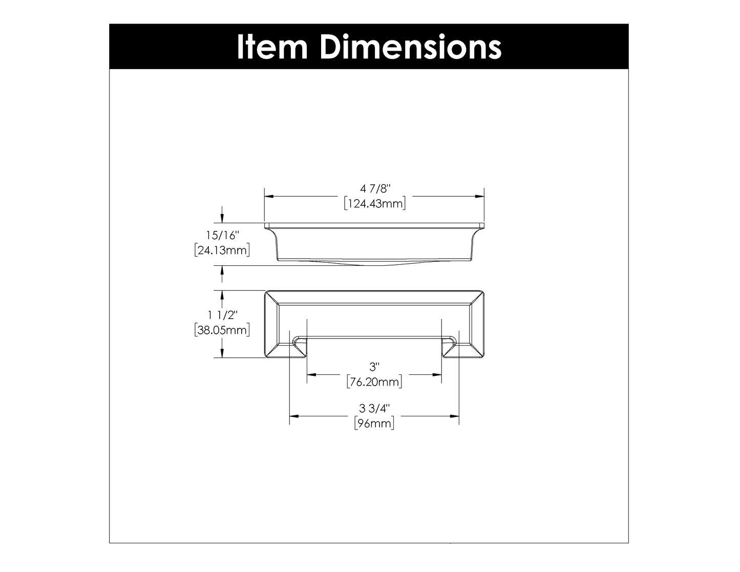 Dimensional line drawing of satin nickel cabinet cup pull with detailed measurements for hardware installation guidance