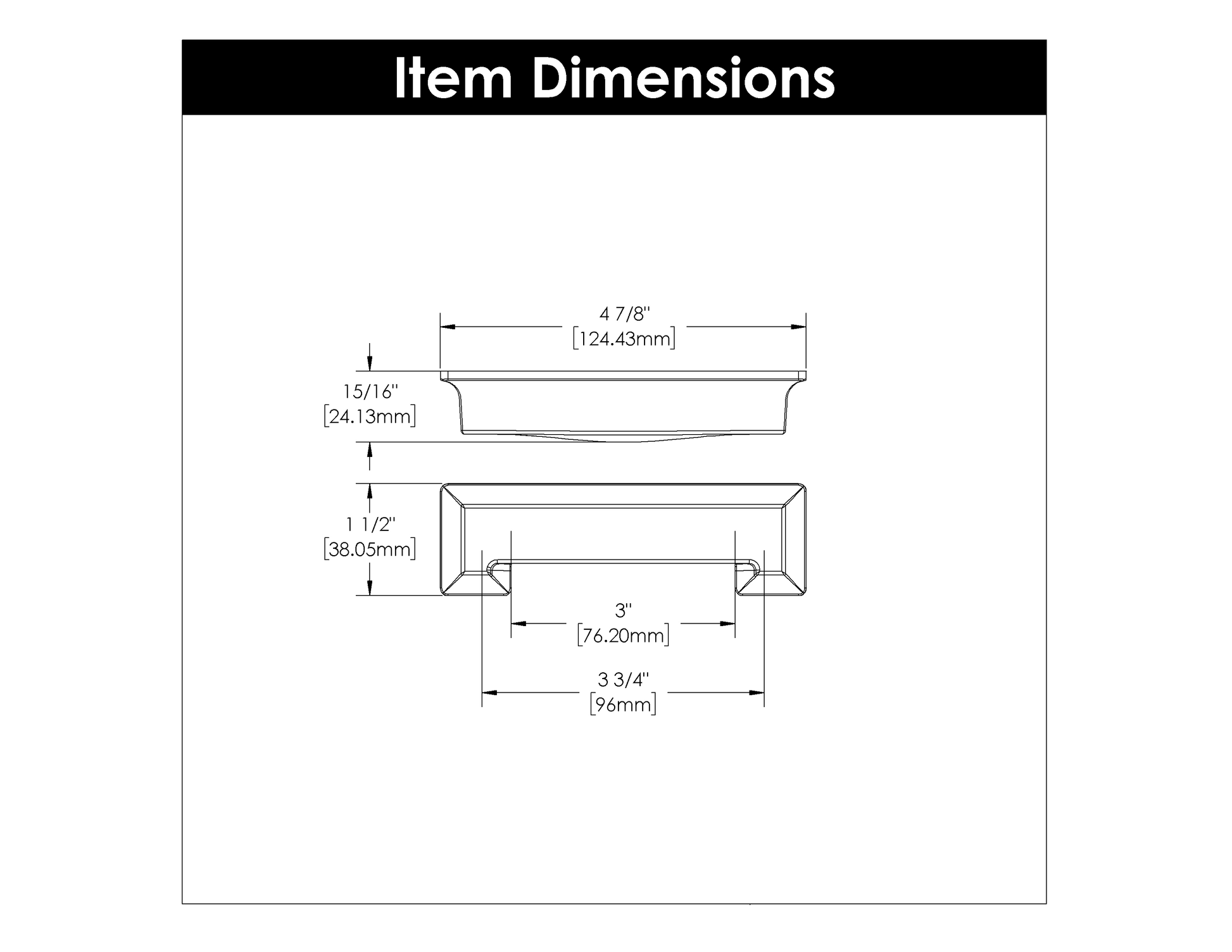 Dimensional line drawing of satin nickel cabinet cup pull with detailed measurements for hardware installation guidance