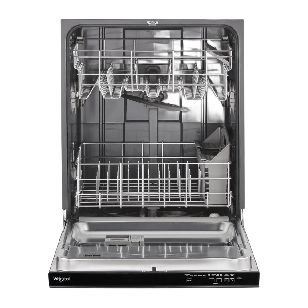 Open built-in dishwasher showing adjustable upper rack and bottom rack with cutlery basket from kitchen appliances collection