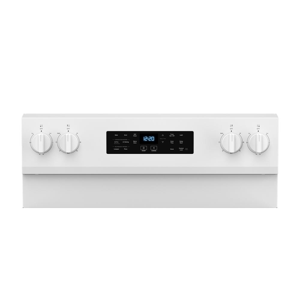 White electric range control panel with four knobs and digital display showing cooking modes and timer settings