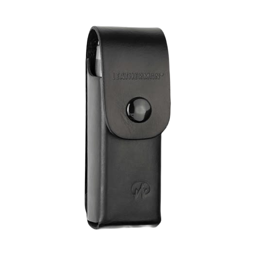 Black leather tool sheath with snap closure designed for compact tool storage and easy carrying