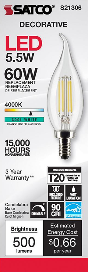 Clear flame-tip T20 LED bulb with candelabra base emitting 4000K cool white light for home improvement lighting uses