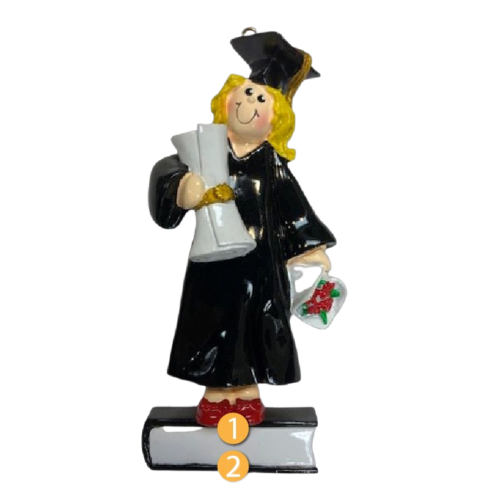 Blonde graduate female ornament in cap and gown holding diploma and flower, Christmas Ornaments & Tree Decorations collection
