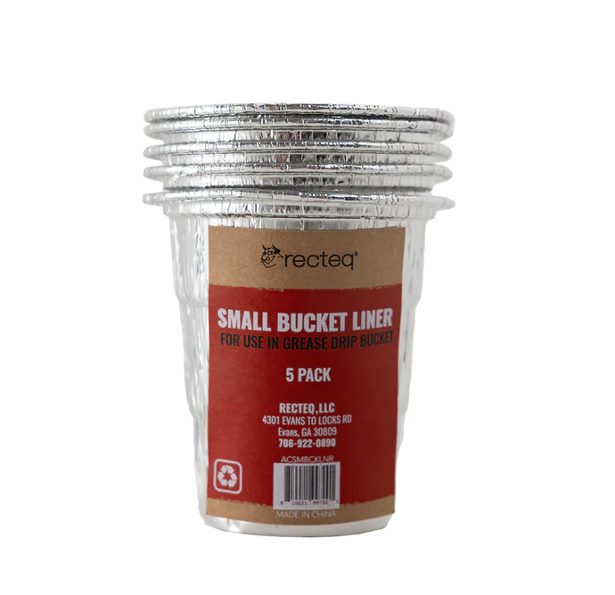 Pack of five disposable small bucket liners with foil material, designed for grease drip buckets, ideal for Grill Accessories and Outdoor Living collections.