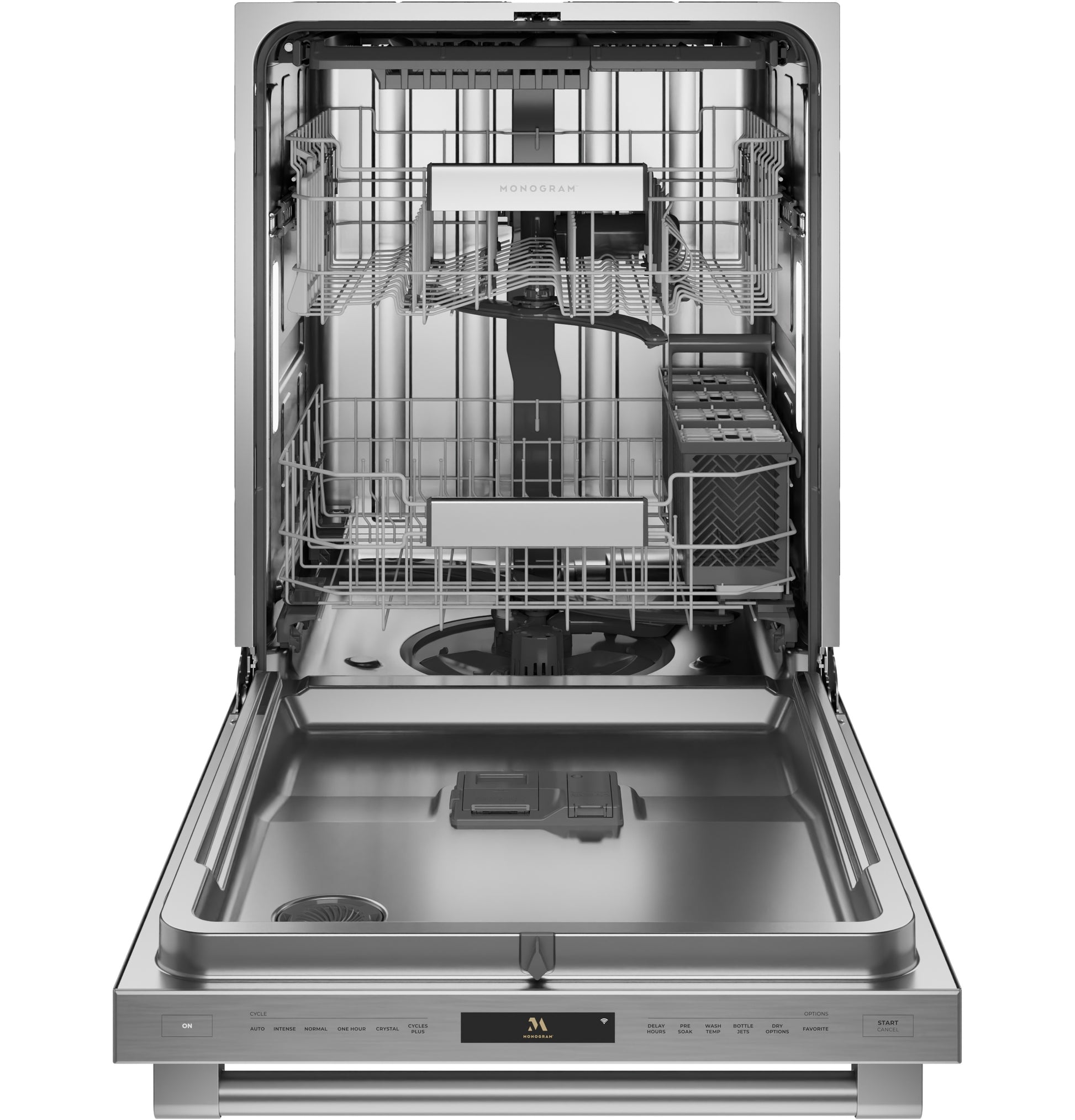 Open stainless steel dishwasher interior with adjustable racks and utensil holder from built-in dishwashers collection