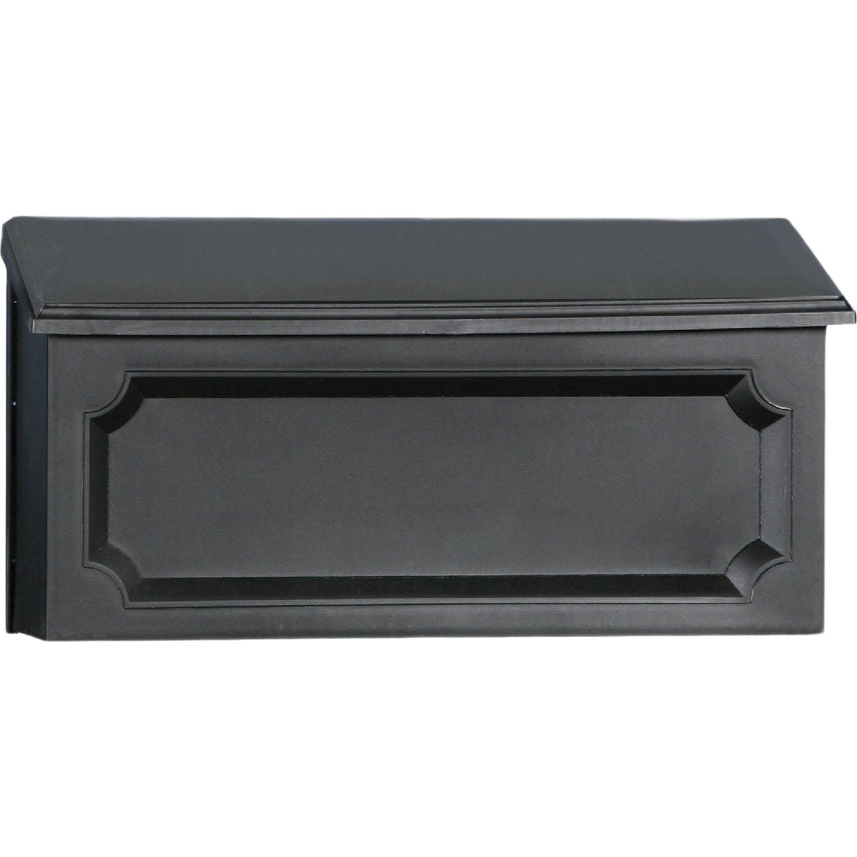 Black horizontal wall mount mailbox with classic panel design, ideal for home improvement and outdoor organization projects