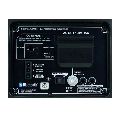 Close-up of control panel for a compact portable generator featuring AC outlet, circuit protector, Bluetooth connectivity, and status indicator lights in rental equipment at Hartville Hardware.