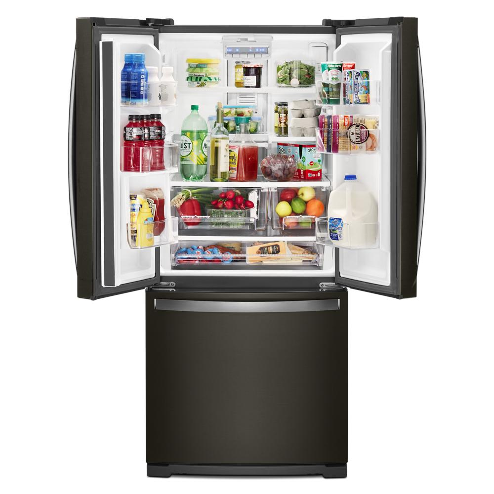 Open black stainless steel french door refrigerator with organized fresh produce and beverages inside interior shelves and drawers