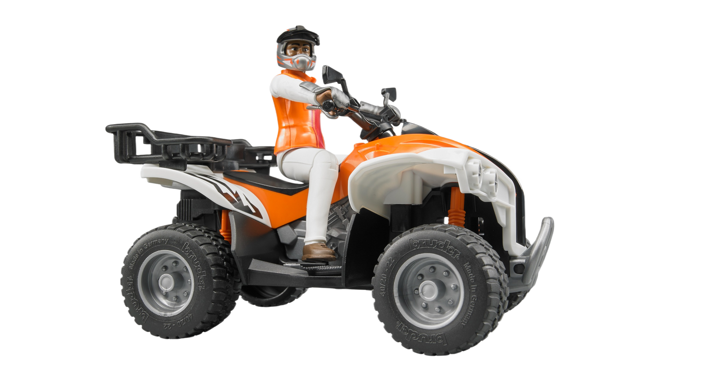 Orange and white Bruder Quad Bike with driver figure wearing orange vest and helmet, part of Vehicles & Remote Controlled Toys collection