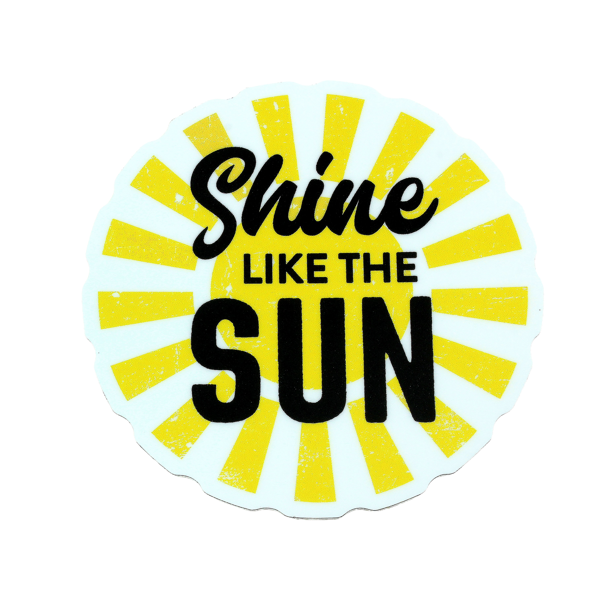 Round sticker with bright yellow sun rays and bold black text saying "Shine Like The Sun" from stickers collection