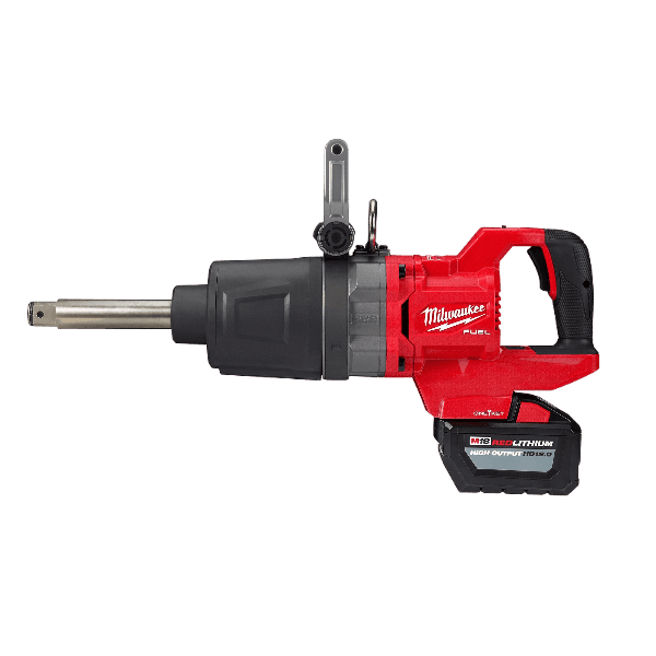 Red and black high torque cordless impact wrench with extended anvil and D-handle for heavy-duty home improvement tasks