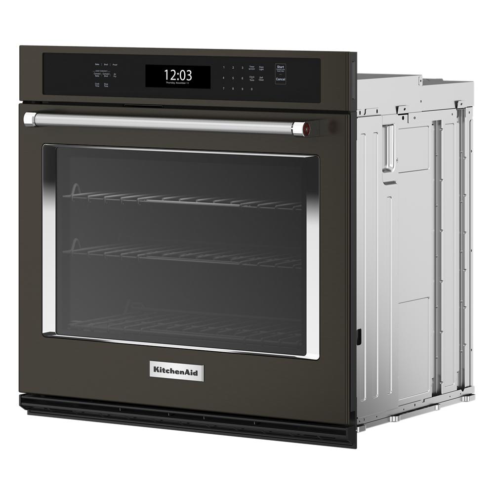 Black stainless steel single wall oven with digital control panel and interior racks for kitchen installation.