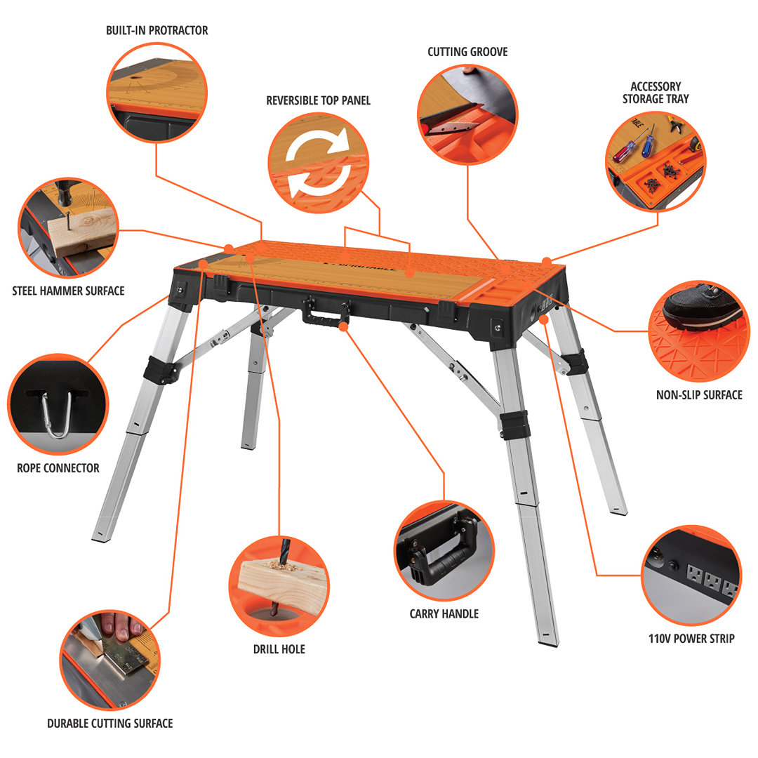 Portable orange and gray multi-function workstation featuring built-in power strip and versatile cutting surfaces for home improvement tasks