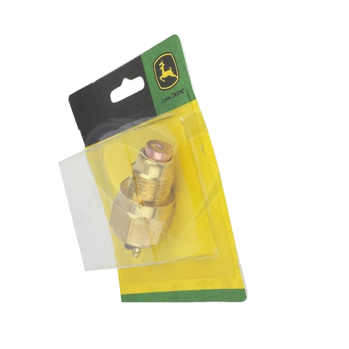 Brass temperature switch component in clear plastic packaging with John Deere branded green and yellow card backing