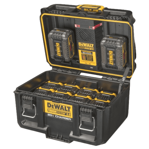 Black and yellow heavy-duty storage box with dual battery charger and multiple DEWALT 20V MAX batteries inside for workshop organization