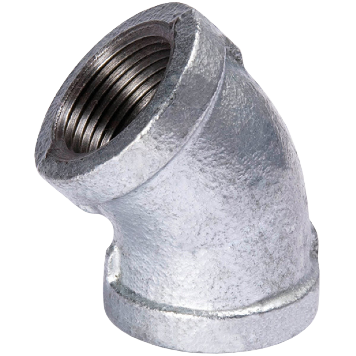 Galvanized iron pipe elbow fitting at 45 degrees, suitable for plumbing and irrigation under $50 category