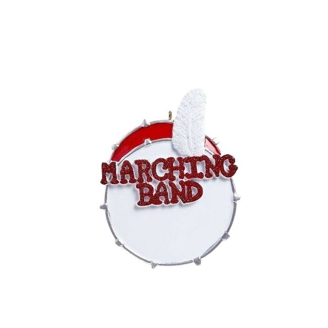 Red and white personalized drum ornament with glittery text and white feather for Christmas tree decor under $50 collections