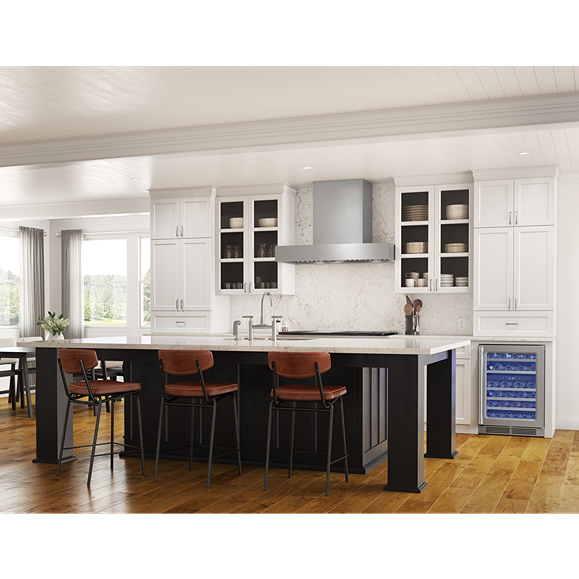 Contemporary stainless steel chimney hood above a cooktop in a spacious kitchen with white cabinetry and hardwood floors