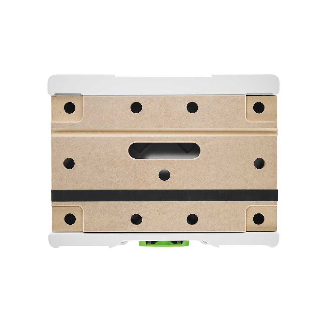 Top view of a compact modular storage box featuring a perforated wooden surface with a central handle and protective white edges, part of an interlocking system for tool storage and workshop organization.