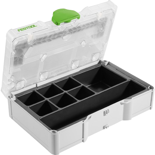 Compact tool storage box with clear lid and multiple black compartments for organizing small parts and accessories