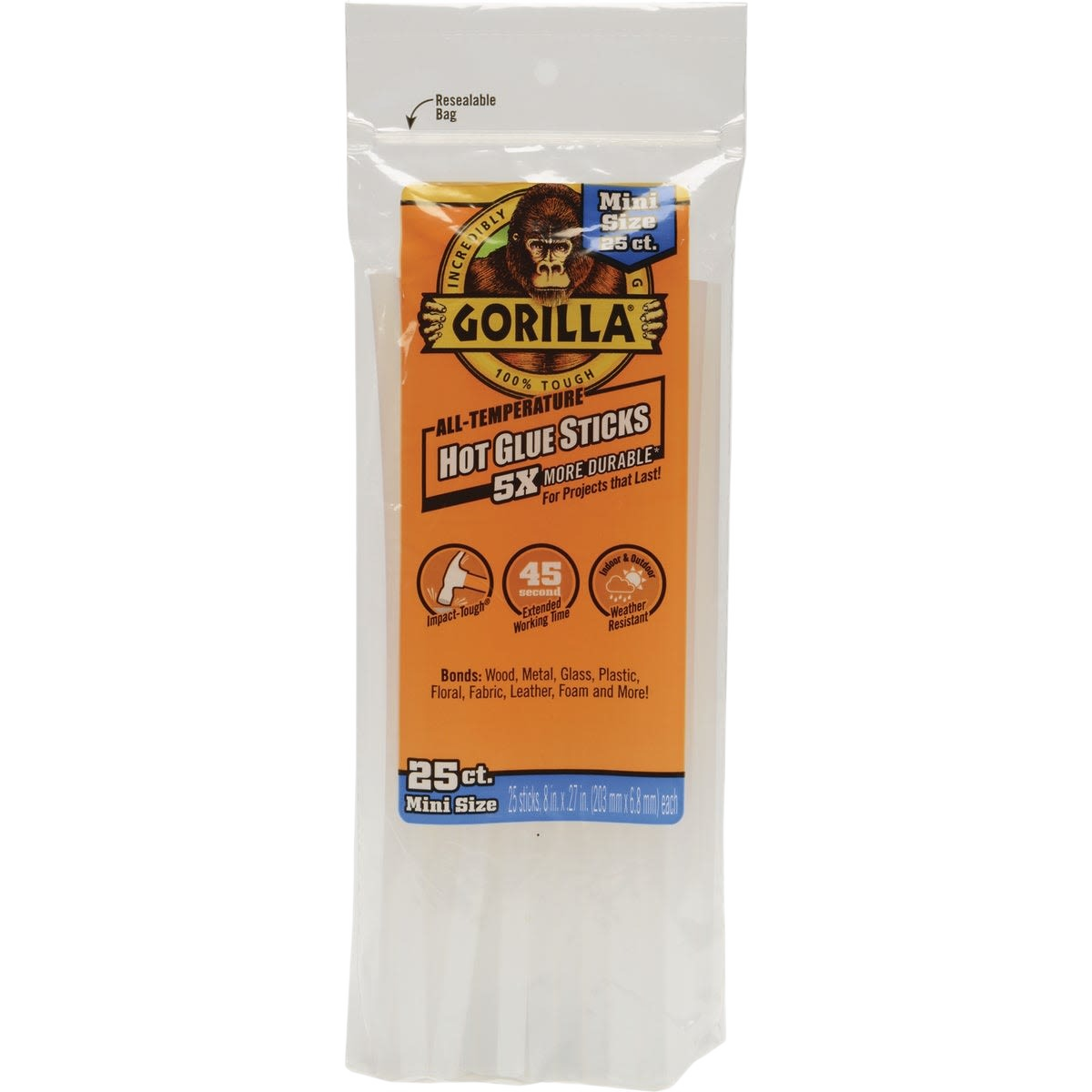 Package of 25 Gorilla mini hot melt glue sticks for tools and home improvement projects with strong all-temperature bond