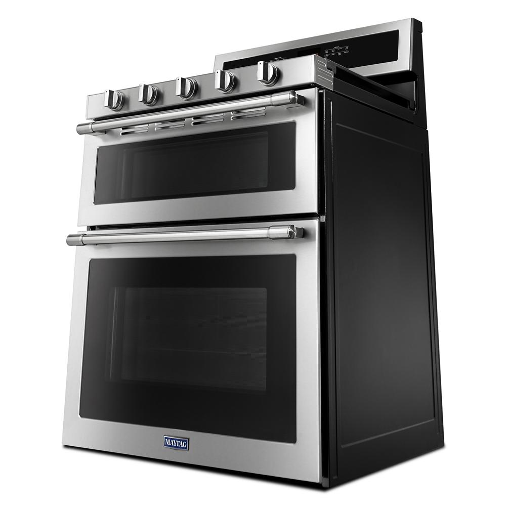 Stainless steel 30-inch wide double oven gas range with six control knobs, digital display, and large oven windows, part of Ranges, Gas Ranges, Kitchen & Kitchenware, All Products, and Appliances collections.