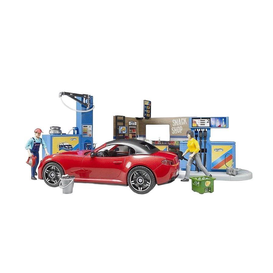 Toy gas station and car wash set with red sports car, fuel pumps, snack shop, and two figurine accessories