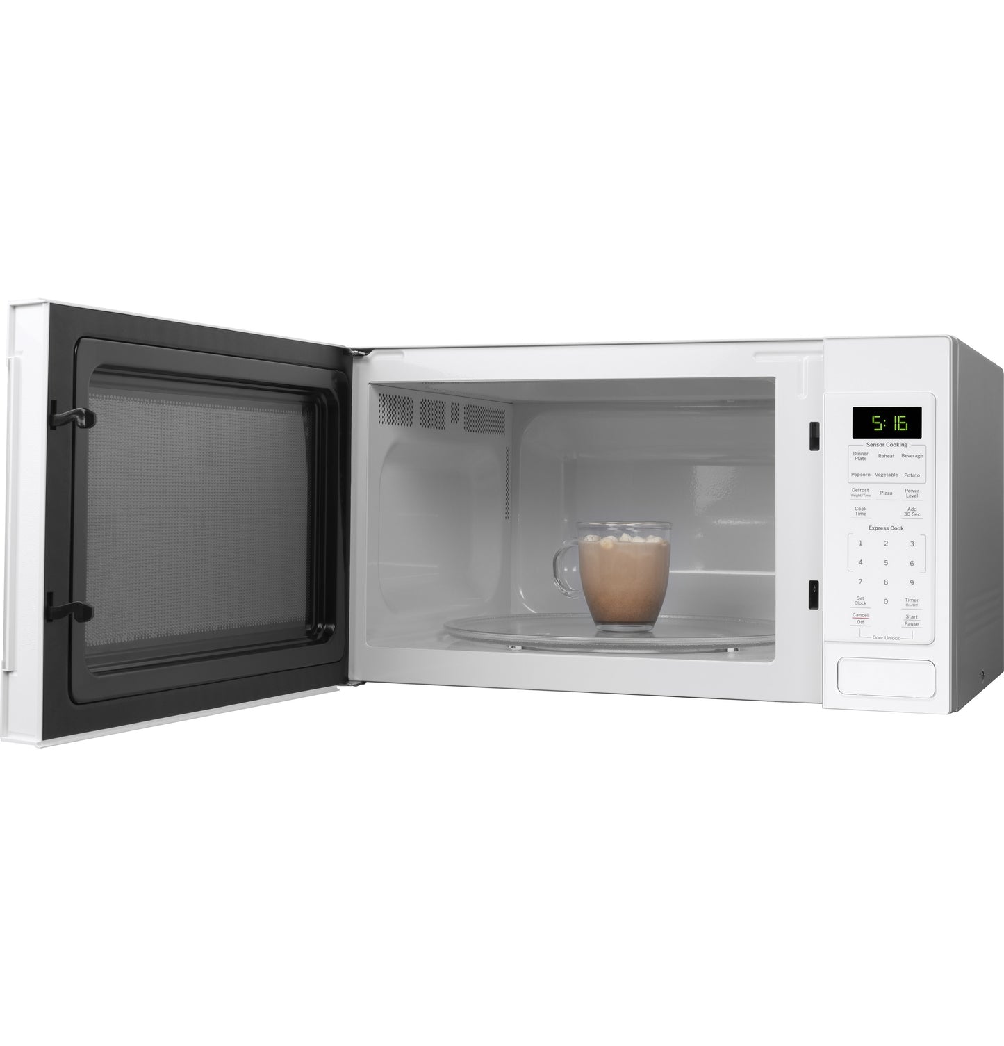 White countertop microwave with open door, digital control panel, and glass turntable holding a mug of hot beverage