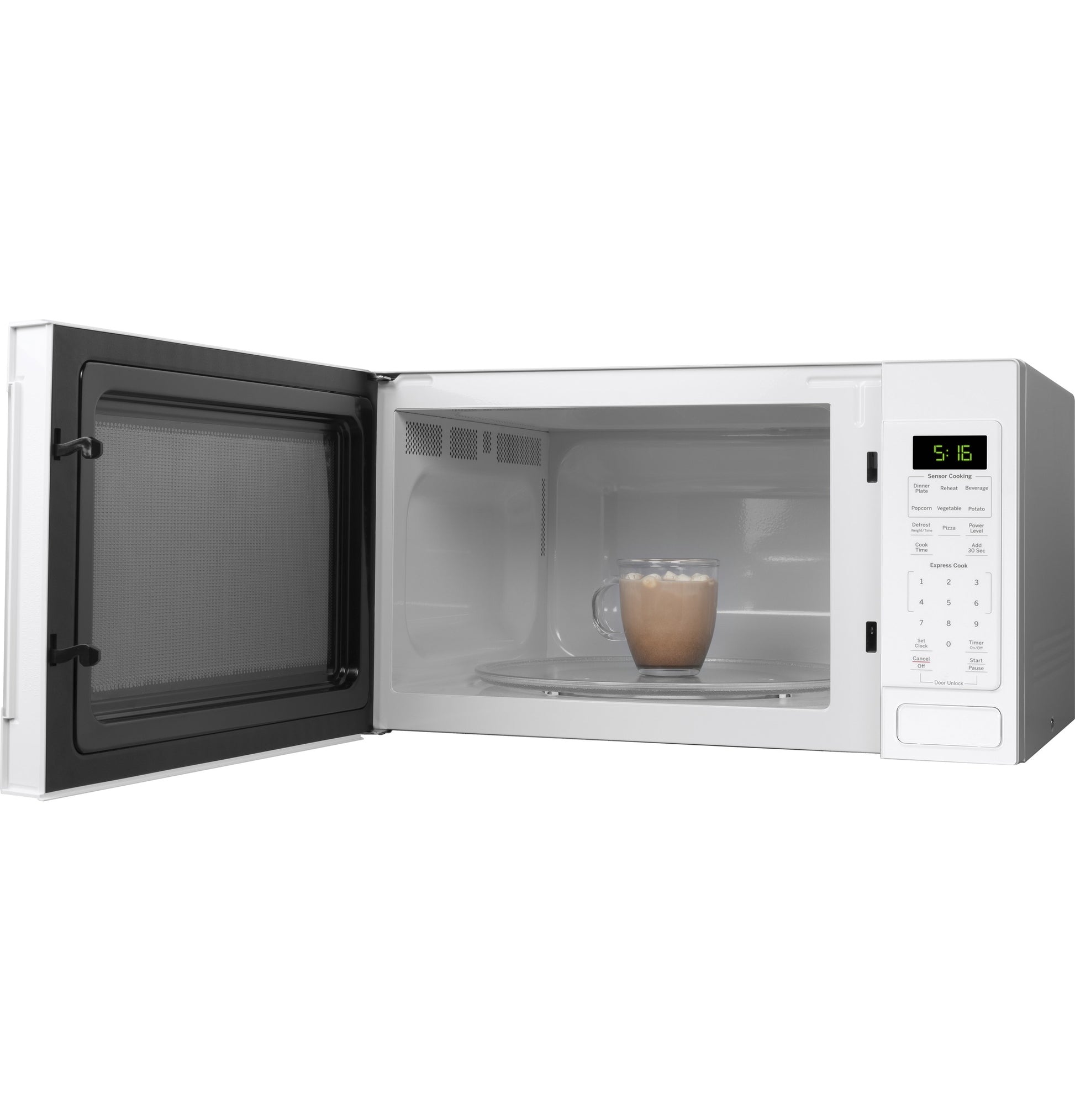 White countertop microwave with open door, digital control panel, and glass turntable holding a mug of hot beverage