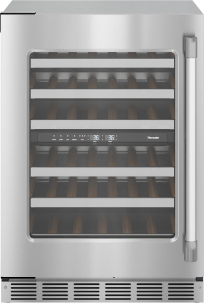 Under-counter wine cooler with glass door, stainless steel frame, wooden racks, and digital temperature control panel from Thermador appliances collection