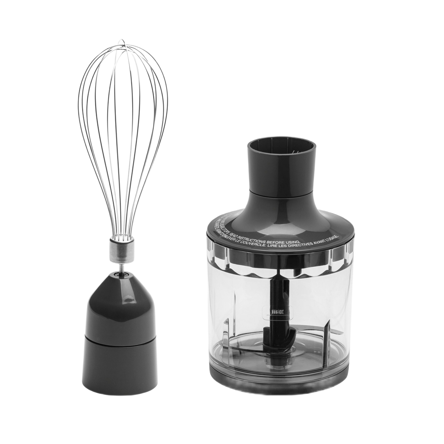 Black and clear plastic chopper and stainless steel whisk attachments for versatile handheld kitchen blending tasks