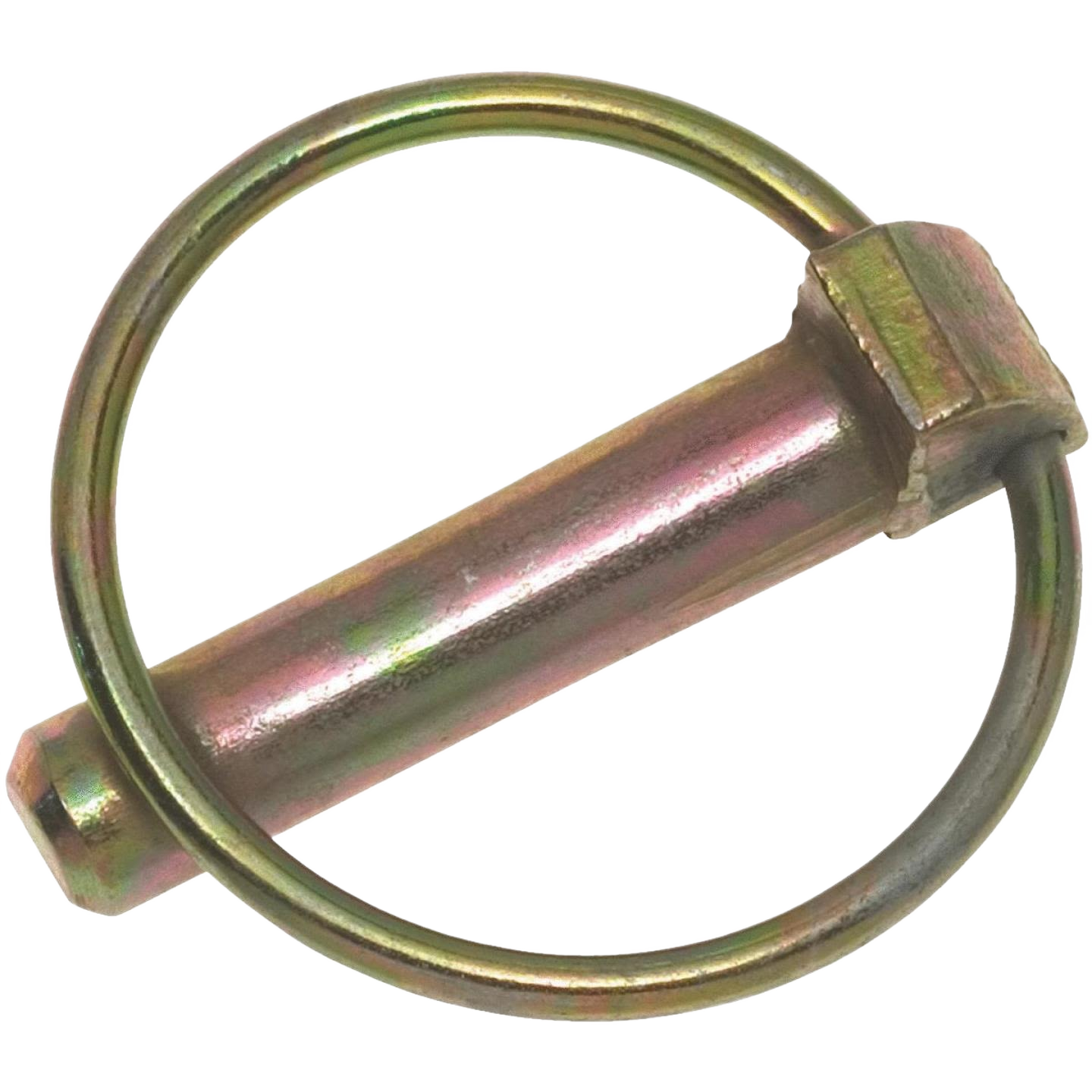 Yellow zinc-plated Lynch pin fastener with a spring ring for secure attachment in farm and tool applications under $50