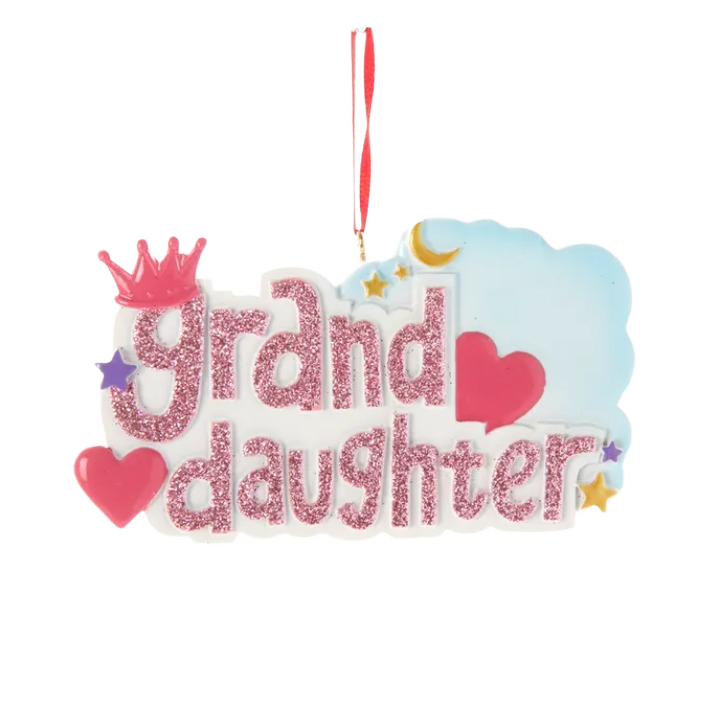 Pink glitter "granddaughter" ornament with crown, hearts, stars, and moon for Christmas tree decoration under 50 dollars